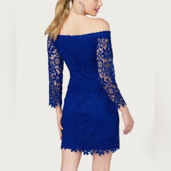 Bebe Dress Off Shoulder Crochet Lace 3/4 Sleeve Cobalt Blue Dress Sz 12 - Picture 2 of 7